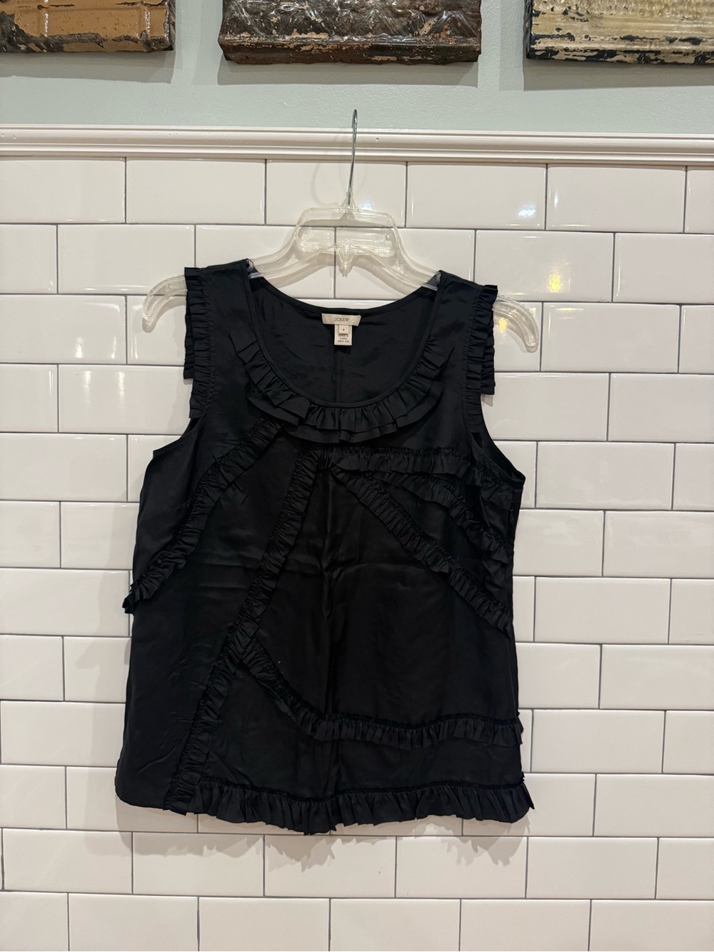 100% Silk J. Crew Black Ruffle Trim Sleeveless Camisole